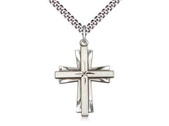 Sterling Silver Cross Pendant on a 24 inch Light Rhodium Heavy Curb Chain - Unique Catholic Gifts