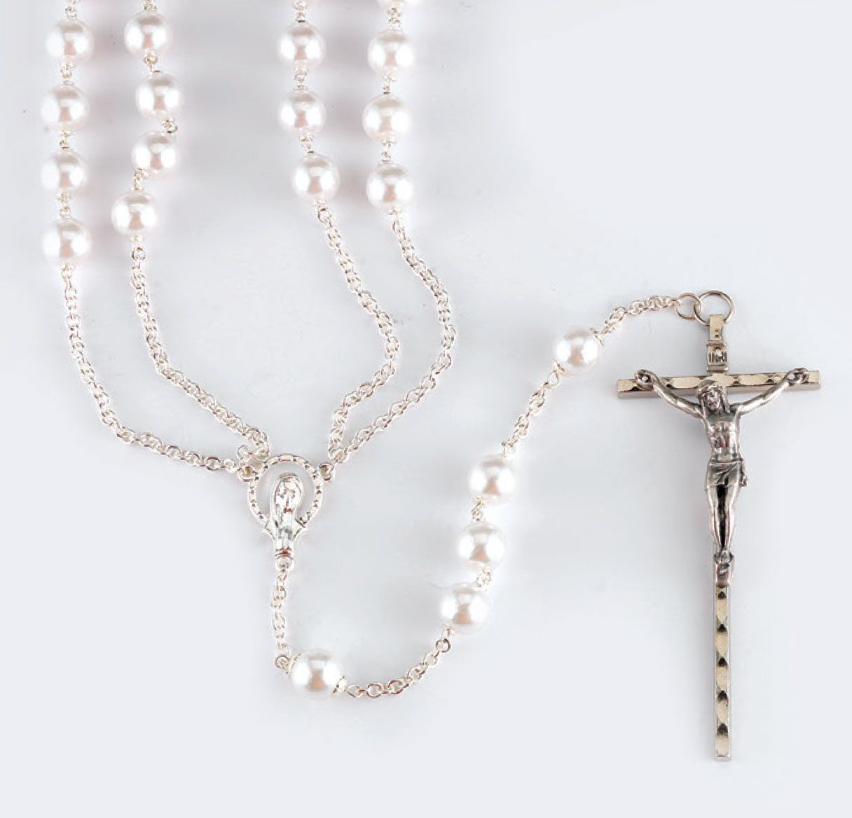 Imitation Pearl Beads Silver Plated Lasso Wedding Rosary - Unique Catholic Gifts