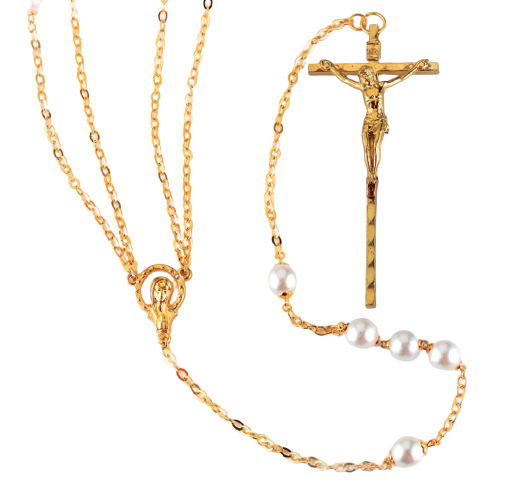 Imitation Pearl Beads Gold Plated Lasso Rosary - Unique Catholic Gifts