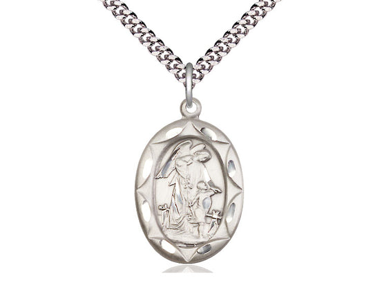 Sterling Silver Guardian Angel Pendant on a 24 inch Light Rhodium Heavy Curb Chain - Unique Catholic Gifts