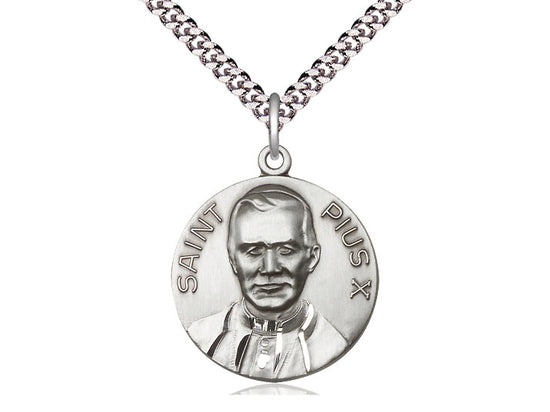 Sterling Silver Pope Pius X Pendant on a 24 inch Light Rhodium Heavy Curb Chain - Unique Catholic Gifts