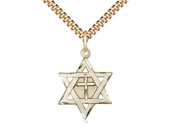14kt Gold Filled Star of David w/ Cross Pendant on a 24 inch Gold Plate Heavy Curb Chain - Unique Catholic Gifts