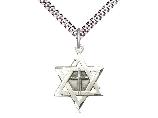 Sterling Silver Star of David w/ Cross Pendant on a 24 inch Light Rhodium Heavy Curb Chain - Unique Catholic Gifts