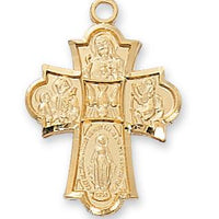 Gold over Sterling Silver 4-way medal (3/4") on 18" Gold plated chain. - Unique Catholic Gifts