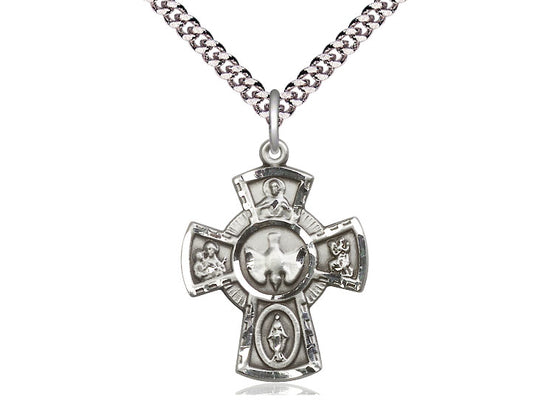 Sterling Silver 5-Way Pendant on a 24 inch Light Rhodium Heavy Curb Chain - Unique Catholic Gifts