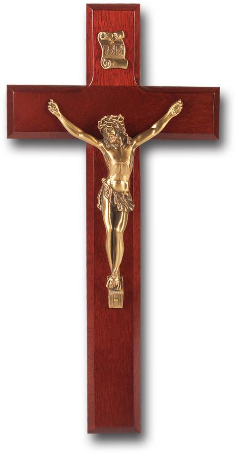 Dark Cherry Cross Crucifix with Museum Gold Plated Corpus 10" - Unique Catholic Gifts