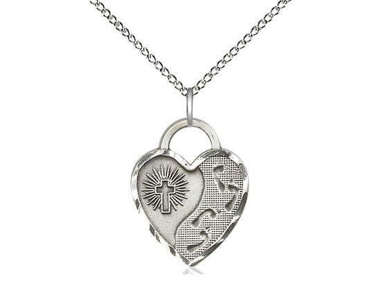 Sterling Silver Footprints Heart Pendant on a 18 inch Sterling Silver Light Curb Chain - Unique Catholic Gifts