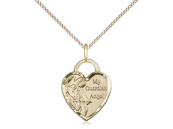 14kt Gold Filled Guardian Angel Heart Pendant on a 18 inch Gold Filled Light Curb Chain - Unique Catholic Gifts