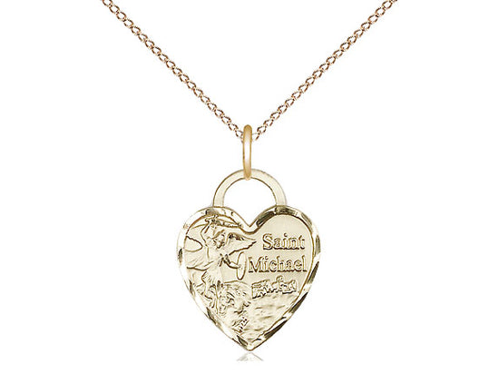 14kt Gold Filled St Michael Heart Pendant on a 18 inch Gold Filled Light Curb Chain - Unique Catholic Gifts