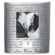 Love Never Fails Wedding Anniversary Standing Picture Frame with Silver Rings (7 x 6 1/2 ") - Unique Catholic Gifts
