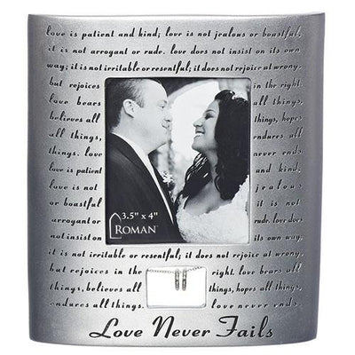 Love Never Fails Wedding Anniversary Standing Picture Frame with Silver Rings (7 x 6 1/2 