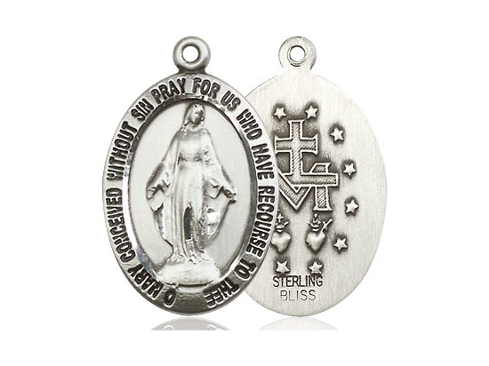 Sterling Silver Miraculous Pendant on a 24 inch Light Rhodium Heavy Curb Chain - Unique Catholic Gifts