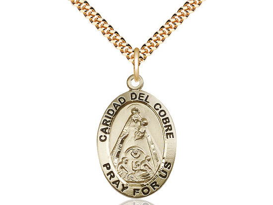 14kt Gold Filled Caridad del Cobre Pendant on a 24 inch Gold Plate Heavy Curb Chain - Unique Catholic Gifts