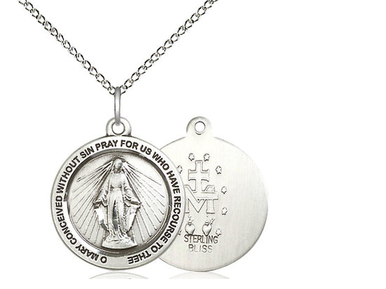 Sterling Silver Miraculous Pendant on a 18 inch Sterling Silver Light Curb Chain - Unique Catholic Gifts
