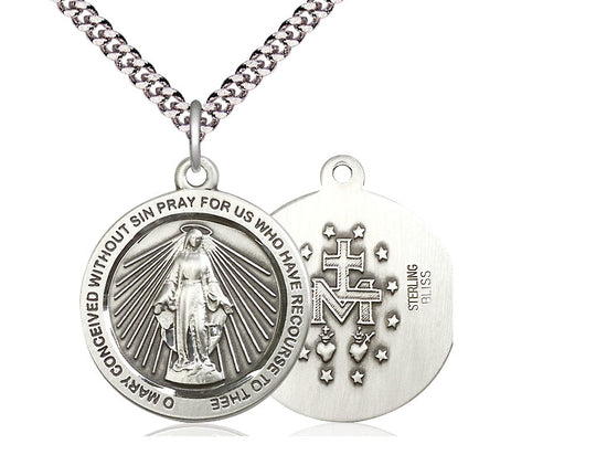 Sterling Silver Miraculous Pendant on a 24 inch Light Rhodium Heavy Curb Chain - Unique Catholic Gifts