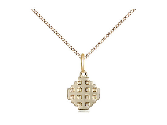 14kt Gold Filled Jerusalem Cross Pendant on a 18 inch Gold Filled Light Curb Chain - Unique Catholic Gifts