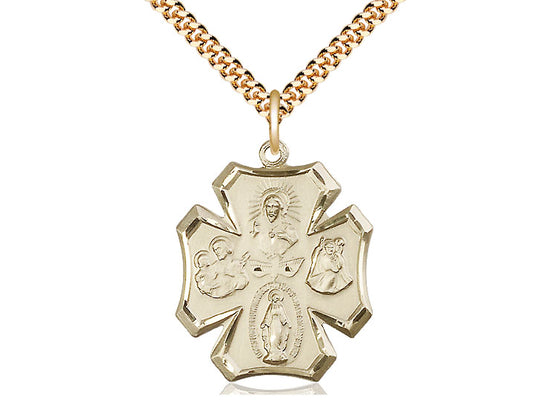 14kt Gold Filled 4-Way Pendant on a 24 inch Gold Plate Heavy Curb Chain - Unique Catholic Gifts