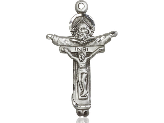 Sterling Silver Trinity Crucifix Pendant on a 24 inch Light Rhodium Heavy Curb Chain - Unique Catholic Gifts