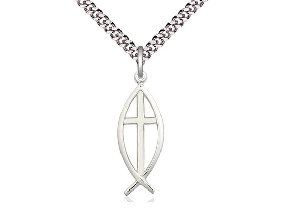 Sterling Silver Fish Cross Pendant on a 24 inch Light Rhodium Heavy Curb Chain - Unique Catholic Gifts