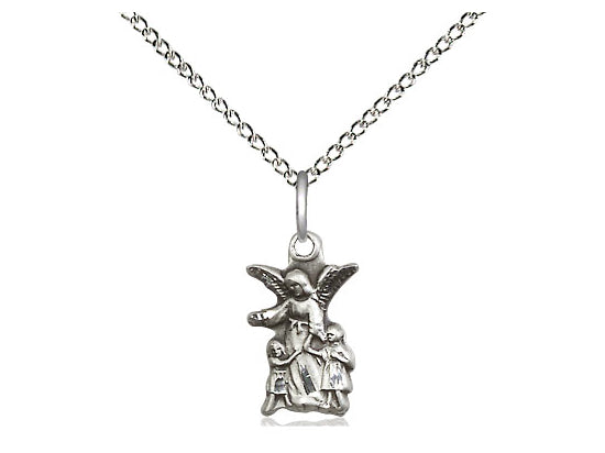 Sterling Silver Guardian Angel Pendant on a 18 inch Sterling Silver Light Curb Chain - Unique Catholic Gifts