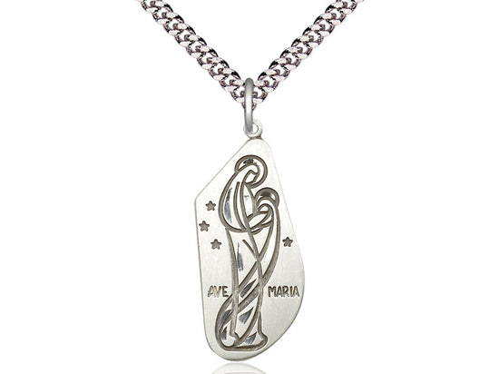 Sterling Silver Ave Maria Pendant on a 24 inch Light Rhodium Heavy Curb Chain - Unique Catholic Gifts