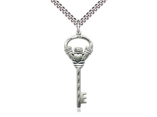Sterling Silver Key w/Claddagh Pendant on a 24 inch Light Rhodium Heavy Curb Chain - Unique Catholic Gifts