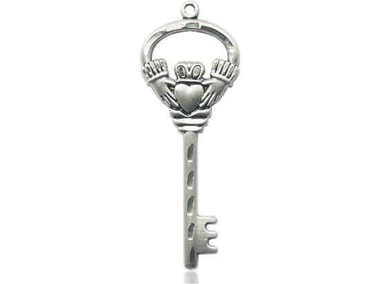 Sterling Silver Key w/Claddagh Pendant on a 24 inch Light Rhodium Heavy Curb Chain - Unique Catholic Gifts