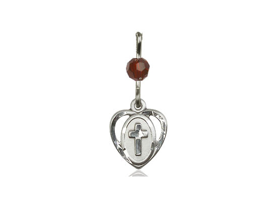 Sterling Silver Heart Cross Pendant with a Garnet bead on a inch Sterling Silver Light Curb Chain - Unique Catholic Gifts