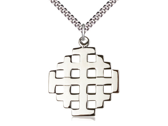 Sterling Silver Jerusalem Cross Pendant on a 24 inch Light Rhodium Heavy Curb Chain - Unique Catholic Gifts