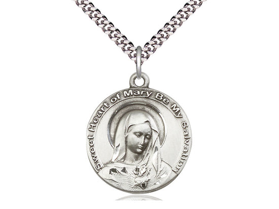Sterling Silver Mary Pendant on a 24 inch Light Rhodium Heavy Curb Chain - Unique Catholic Gifts