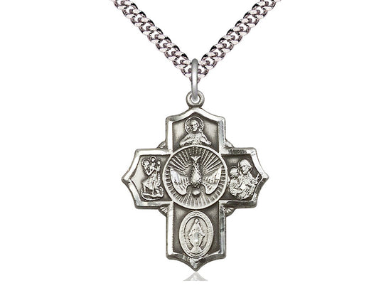 Sterling Silver 5-Way Pendant on a 24 inch Light Rhodium Heavy Curb Chain. - Unique Catholic Gifts