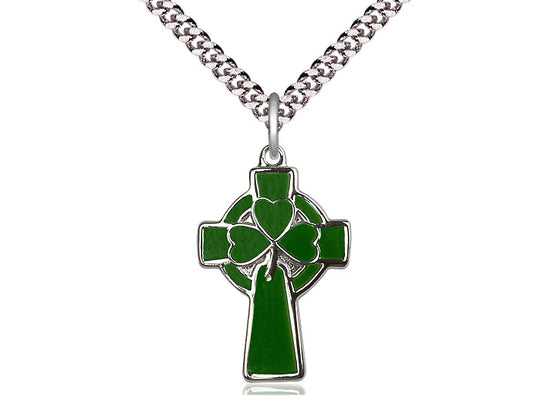 Sterling Silver Celtic Cross Pendant on a 24 inch Light Rhodium Heavy Curb Chain - Unique Catholic Gifts