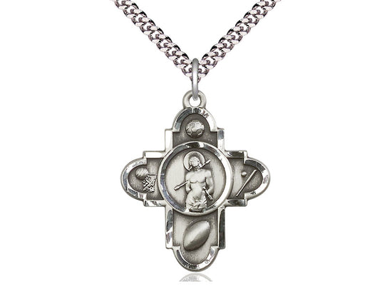 Sterling Silver Sports 5-Way St Sebastian Pendant on a 24 inch Light Rhodium Heavy Curb Chain - Unique Catholic Gifts