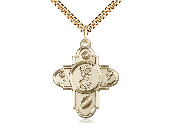14kt Gold Filled Sports 5-Way St Christopher Pendant on a 24 inch Gold Plate Heavy Curb Chain - Unique Catholic Gifts