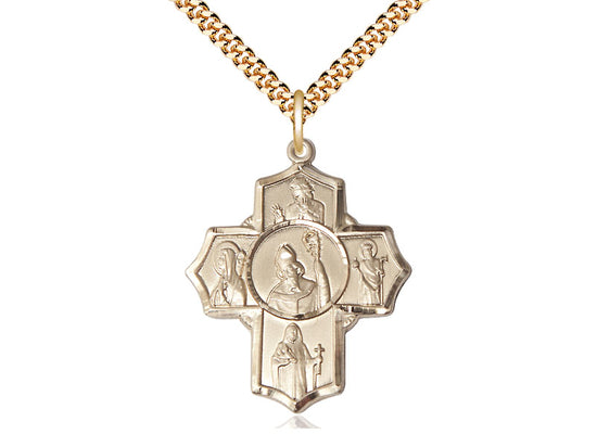 14kt Gold Filled Irish 5-Way Pendant on a 24 inch Gold Plate Heavy Curb Chain - Unique Catholic Gifts