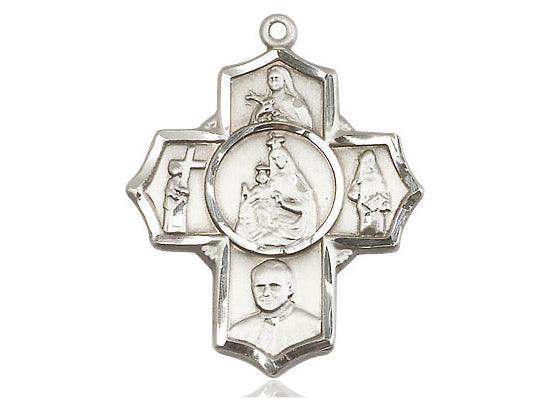 Sterling Silver Carmelite 4-Way Pendant on a 24 inch Light Rhodium Heavy Curb Chain - Unique Catholic Gifts