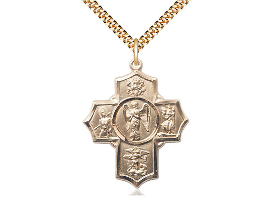 14kt Gold Filled Warrior 5-Way Pendant on a 24 inch Gold Plate Heavy Curb Chain - Unique Catholic Gifts