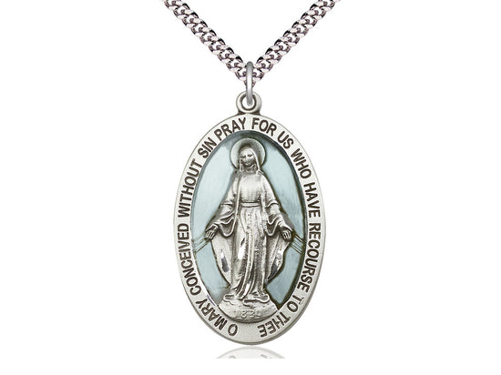 Sterling Silver Miraculous Pendant on a 24 inch Light Rhodium Heavy Curb Chain - Unique Catholic Gifts