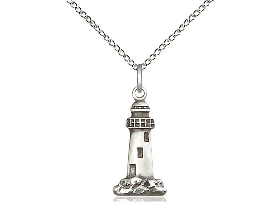 Sterling Silver Lighthouse Pendant on a 18 inch Sterling Silver Light Curb Chain - Unique Catholic Gifts