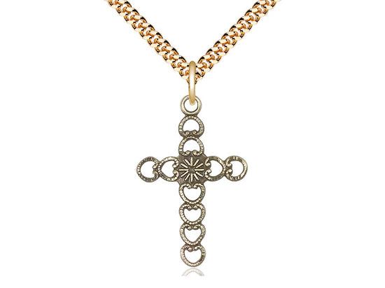 14kt Gold Filled Hearts w/Sunburst Pendant on a 24 inch Gold Plate Heavy Curb Chain - Unique Catholic Gifts