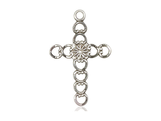 Sterling Silver Hearts w/Sunburst Pendant on a 18 inch Sterling Silver Light Curb Chain - Unique Catholic Gifts