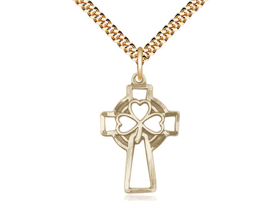 14kt Gold Filled Shamrock Cross Pendant on a 24 inch Gold Plate Heavy Curb Chain - Unique Catholic Gifts
