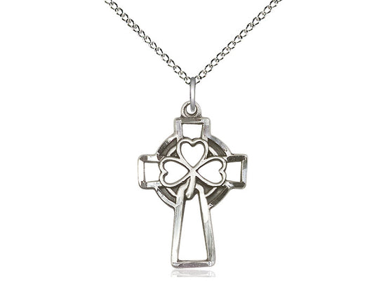 Sterling Silver Shamrock Cross Pendant on a 18 inch Sterling Silver Light Curb Chain - Unique Catholic Gifts