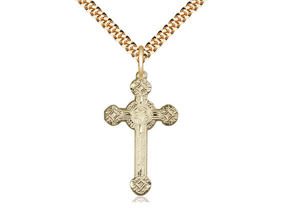 14kt Gold Filled Cross Pendant on a 24 inch Gold Plate Heavy Curb Chain - Unique Catholic Gifts