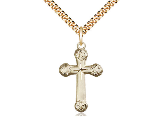 14kt Gold Filled Cross Pendant on a 24 inch Gold Plate Heavy Curb Chain - Unique Catholic Gifts