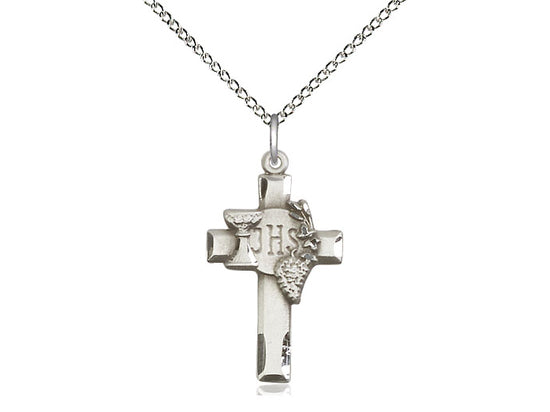 Sterling Silver Cross w/IHS Grapes Pendant on a 18 inch Sterling Silver Light Curb Chain - Unique Catholic Gifts