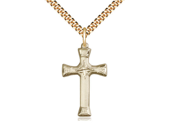 14kt Gold Filled Cross Pendant on a 24 inch Gold Plate Heavy Curb Chain - Unique Catholic Gifts