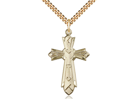 14kt Gold Filled Mosaic Cross Pendant on a 24 inch Gold Plate Heavy Curb Chain - Unique Catholic Gifts