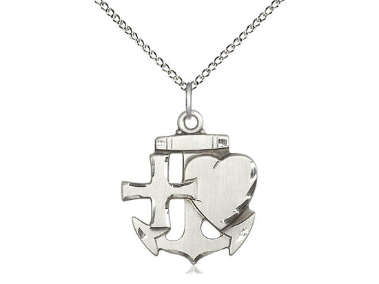 Sterling Silver Faith, Hope & Charity Pendant on a 18 inch Sterling Silver Light Curb Chain - Unique Catholic Gifts