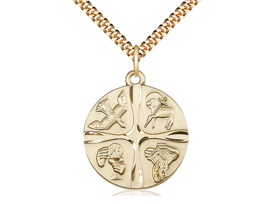 14kt Gold Filled Christian Life Pendant on a 24 inch Gold Plate Heavy Curb Chain - Unique Catholic Gifts